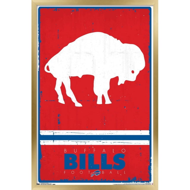 NFL Buffalo Bills - Affiche Murale Rétro Logo 15, 22,375 Po x 34 Po avec une silhouette de Bison Blanc sur un Fond Rouge Vieilli, des Rayures Bleues et Blanches en Dessous, et un Texte Bleu Audacieux « Bills » avec un « Buffalo FOOTBALL » Plus Petit et le Logo d'Équipe, Imprimé sur du Papier Lustré, Convient à la Décoration Murale de la Maison Ou du Bureau.