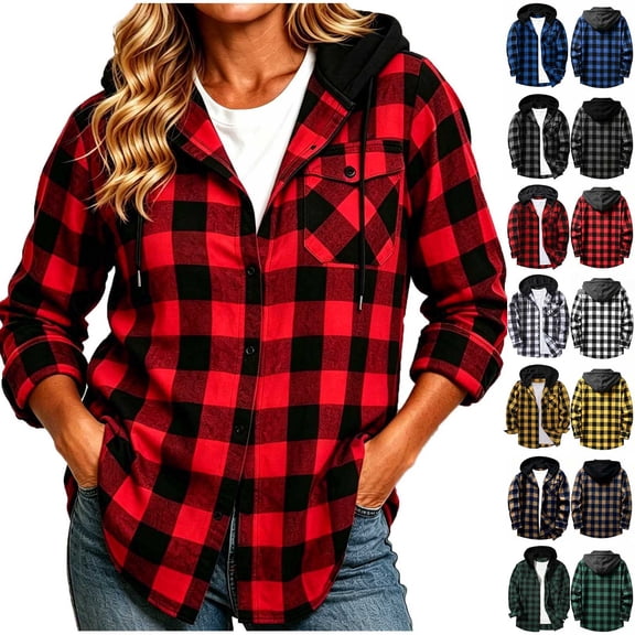 Soki Surchemise pour Femmes à Capuche en Mélange de Coton à Carreaux Buffalo, Boutons Complets, Manches Longues, Coupe Ample, Deux Poches Poitrine, Chemise-Veste Décontractée à Carreaux pour Femmes