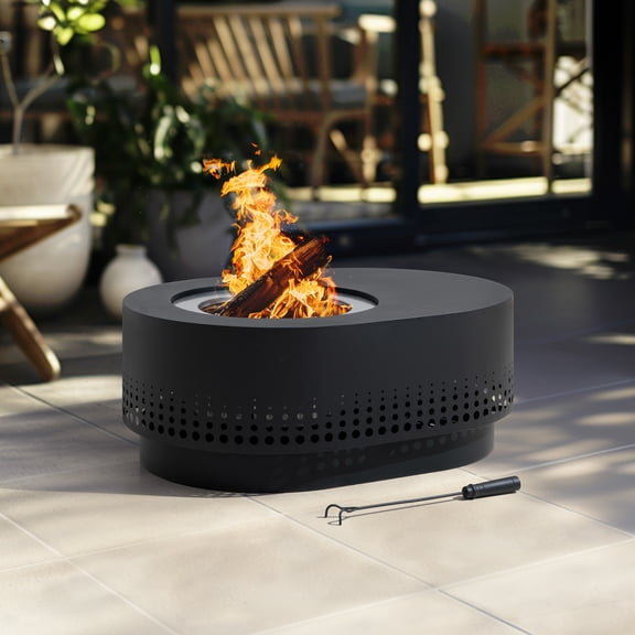 Sunjoy Smokeless 38 Inch Fire Pit with Removable Ash Pan, Outdoor Portable Wood Burning Fireplace with PVC Cover and Fire Poker ,Ideal for Camping, Bonfire, and Backyard, Black
