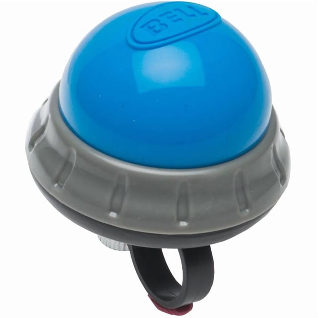 Bell Sports Honker 400 Dome Bike Horn Blue featuring a bright blue dome and gray base with a black no-tools mounting strap for easy installation on bike handlebars, delivering a loud sound for safe cycling and suitable for signalling in busy areas.