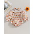 thumbnail image 2 of Faithtur Infant Baby Girl Spring Jumpsuit Set Cartoon Sun Print Off Shoulder Long Sleeve Romper + Bow Headband, 2 of 9