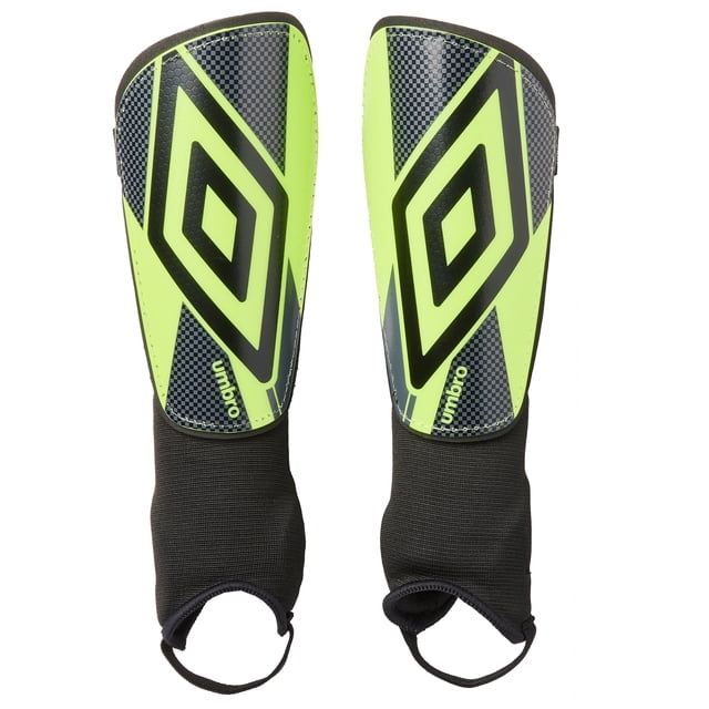 Umbro Protège-Tibias de Soccer à la Cheville en Céramique pour Adultes avec Coquille PP à Carreaux Jaune Néon et Noir et Grand logo Umbro, Manches à Enfiler en polyester Noir, Poignées de Cheville Flexibles et Sangles Supérieures Ajustables pour un Ajustement et une protection Sécuritaires.