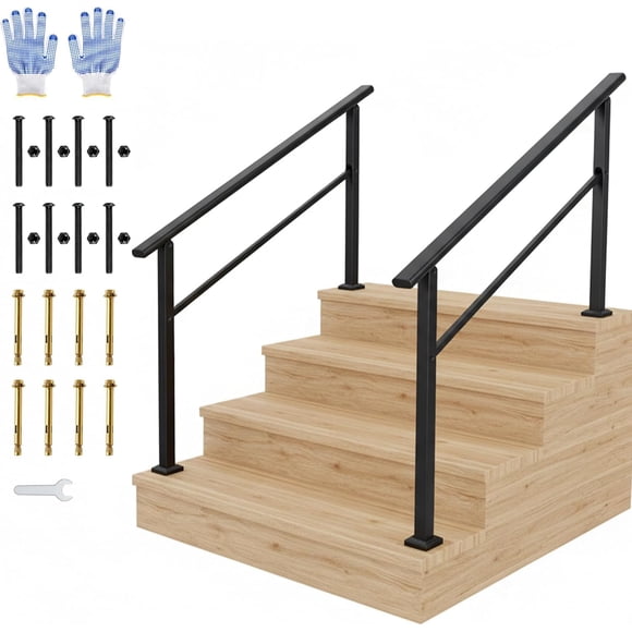 Trousse de Main Courante Intérieure/extérieure à 4 Marches - Rampe d'Escalier en Aluminium Noir avec Poteaux en Fer pour Marches et Véranda, Comprend des Gants - Lot de 2