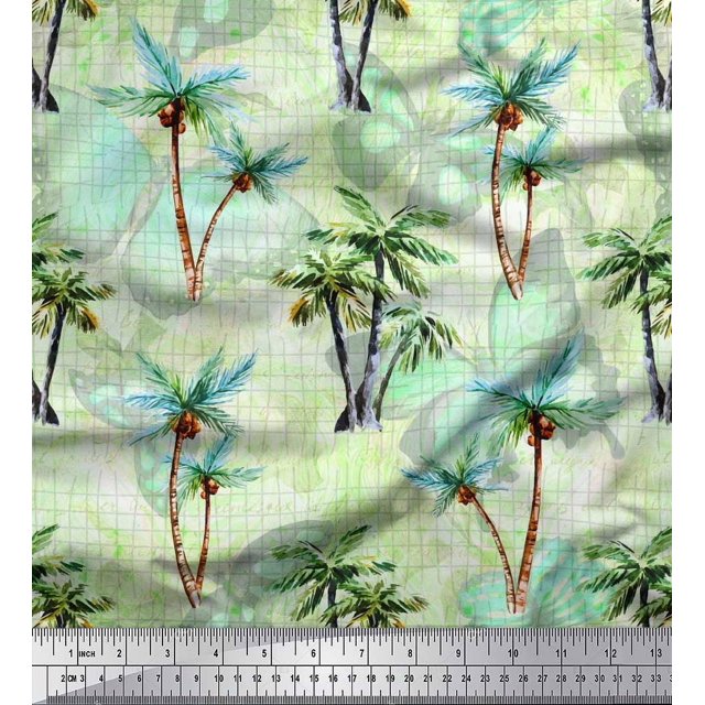 Soimoi Viscose Chiffon Fabric Check,Text & Coconut Tree Printed Fabric 1 Yard 42 Inch Wide