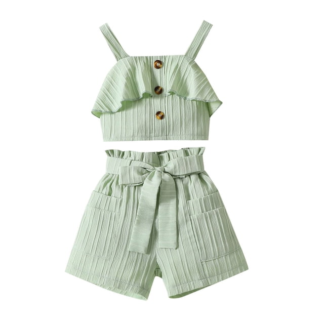 XDZJLR Child Girls Outfits Ribbed Knit Button Front Camisole Crop Tops And Track Shorts 2 Summer Clothing Set Green 3-4 Years