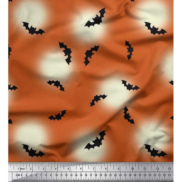 Soimoi Polyester Crepe Fabric Moon & Bat Halloween Print Sewing Fabric Yard 52 Inch Wide