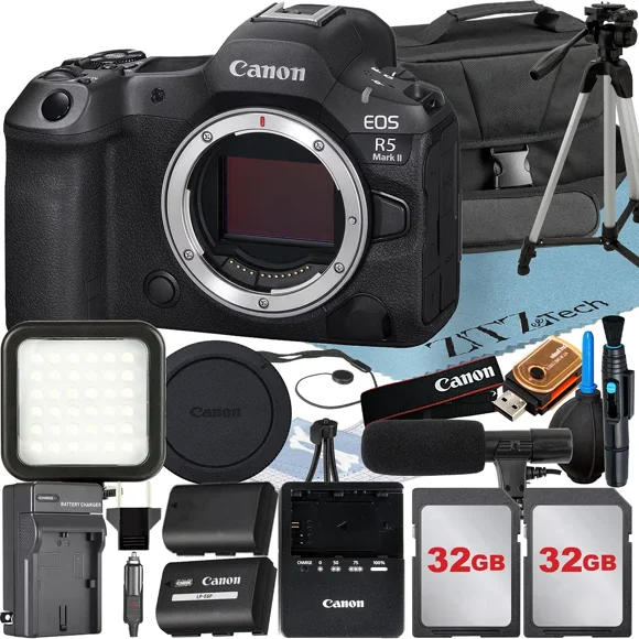 Canon EOS R5 Mark II Mirrorless Camera (Body Only) with 2 Pack 32GB Memory Card + Case + Tripod + ZeeTech Accessory Bundle
