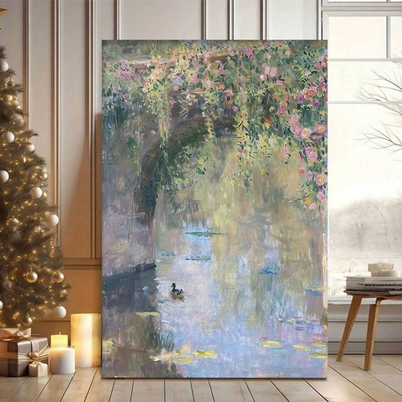 Impression de Peinture à l'Huile Pastel Style Monet Encadrée, Déco Murale Campagnarde Française, Art Mural Floral Impressionniste, Impression Vintage de Nénuphar, Chalet Français; 50 x 70 cm, Non Encadré.,Encadré,50*70cm