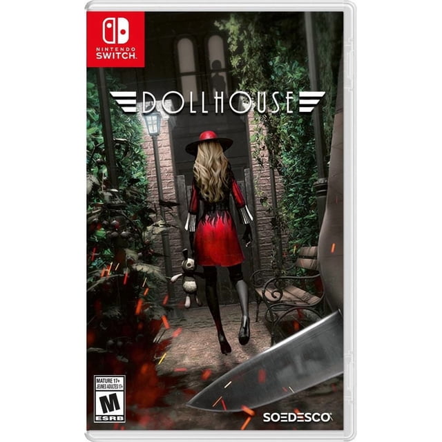 Dollhouse Nintendo Switch game cover showing a female detective in a red and black dress and wide-brimmed hat holding a stuffed rabbit, walking through a narrow alley with green foliage and a bench, a large knife blade in the foreground, capturing the film noir horror and suspenseful cat-and-mouse gameplay.