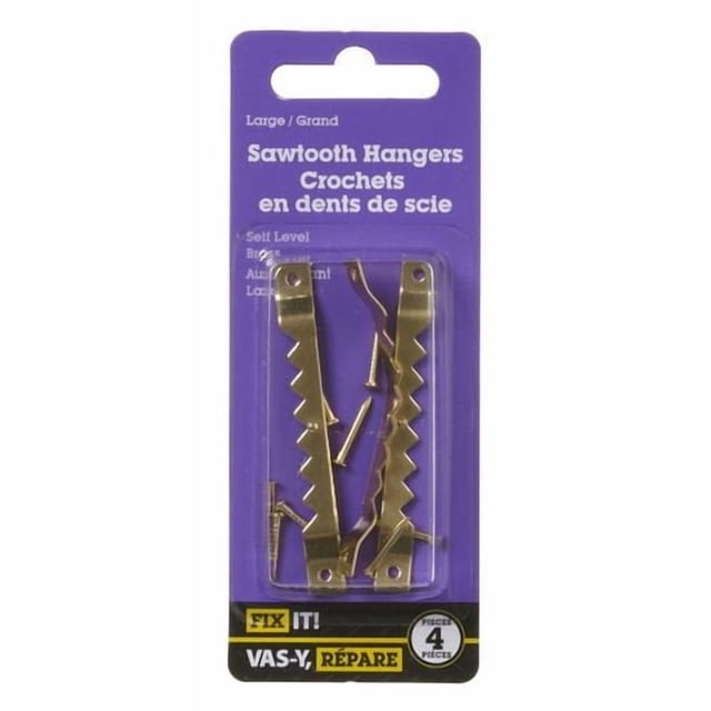 Large Brass Self Level Sawtooth Hangers 4 Pieces in clear plastic packaging on purple backing card, showing two brass sawtooth hangers with jagged edges and four mounting nails, part of FIX IT! picture hanging hardware for lightweight wall fasteners.