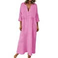 thumbnail image 1 of Xugsiok Robe en Lin pour Femmes à Boutons Manches 3/4 Col Ras du Cou Robe d'Été Couleur Unie Robes Amples Vacances Affaires Entraînement Plage Fluide Plissée Tuniques Robes Maxi d'Été, 1 of 8