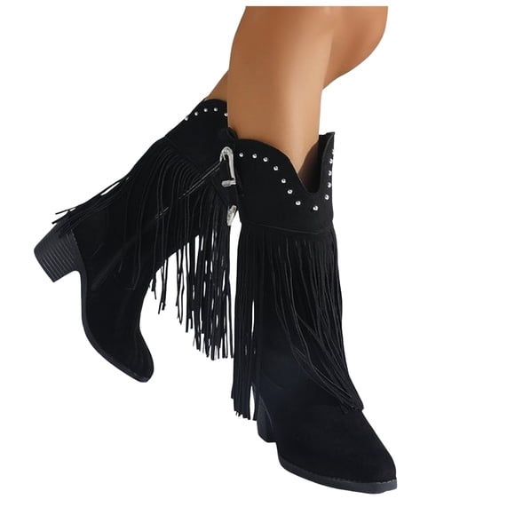 Dakaela Fringe Cowboy Boots for Women Western Tassel Cowgirl Boot Round Toe Chunky Low Heel Pull on Knee High Boots Black 7.5