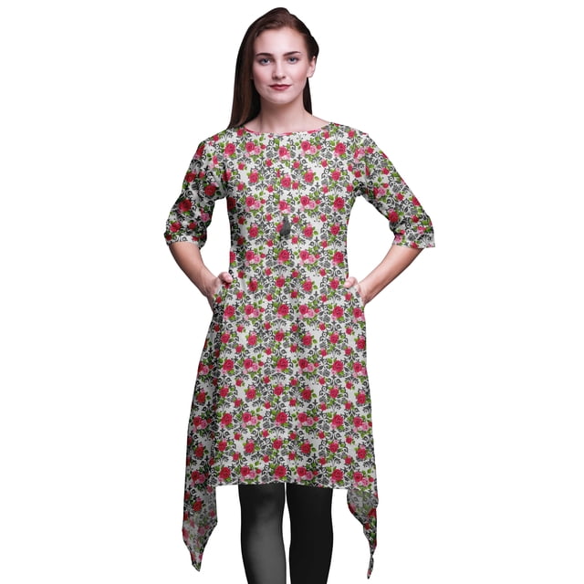 Bimba Kurti Asymétrique Gris à Imprimé Floral Damassé pour Femmes, Robe d'Été Indienne Tunique XXX-Large