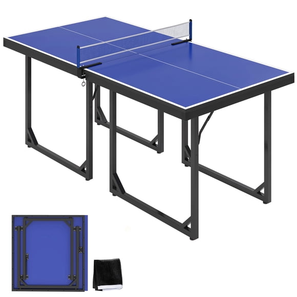 Soozier Table de Tennis de Table Compacte 6x3ft de Taille Moyenne Table de Ping-pong Familiale Multi-Usage Autoportante Pliante Bleu