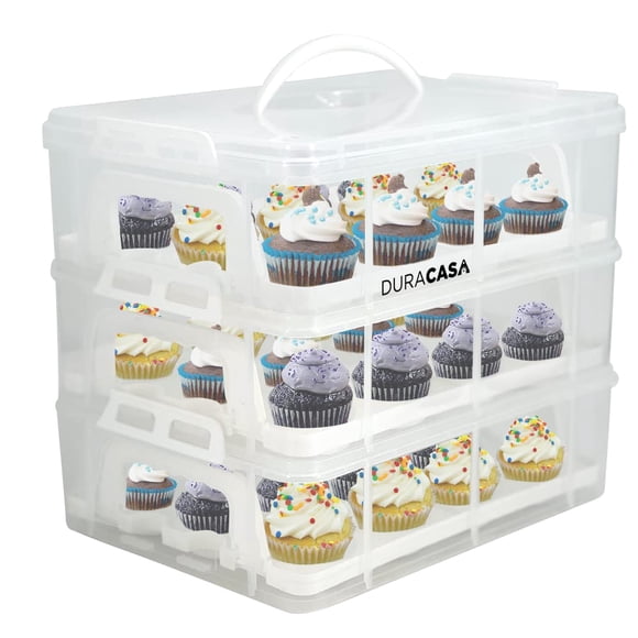 DuraCasa Cupcake Carrier Cupcake Holder | Premium Upgraded Model Holds Cupcakes Steadier | Store up to 36 Cupcakes or Muffins | Stacking Cupcake Storage Container | Use 1 2 or 3 Tiers (White)