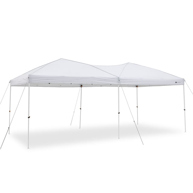 Ozark Trail 20ft x 10ft Straight Leg Instant Outdoor Canopy in white with 200 sq ft shade coverage. Features a heavy-duty 150D polyester top with UV 50+ protection and water-repellent finish, supported by a steel straight-leg frame with ground stakes and tension ropes for stability. Includes a wheeled carry bag, ideal for camping, tailgates, and outdoor events.