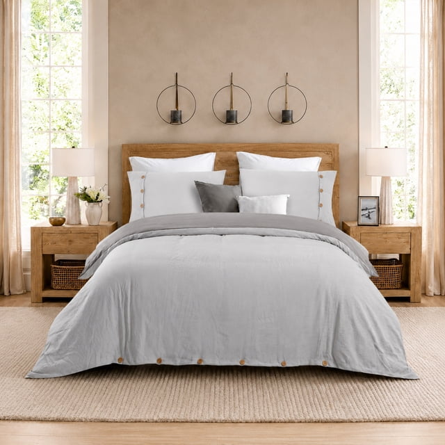 Swift Home Reversible Ultra Soft Solid Duvet Cover Set with Decorative Button Closure, King, Silver