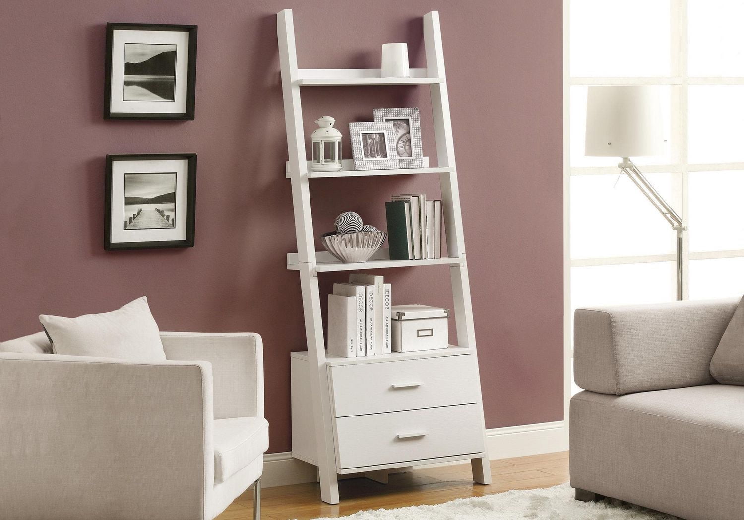 Monarch Specialties Bookshelf, Bookcase, Etagere, Ladder, 4 Tier, 69"h, Office, Bedroom, Laminate, White, Contemporary, Modern