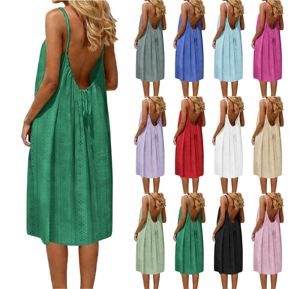 QIUOMBBP Womens Backless Cami Dresses Sleeveless Spaghetti Strap Eyelets Mini Dress Summer Loose Breathable Loungewear Sundress Green S