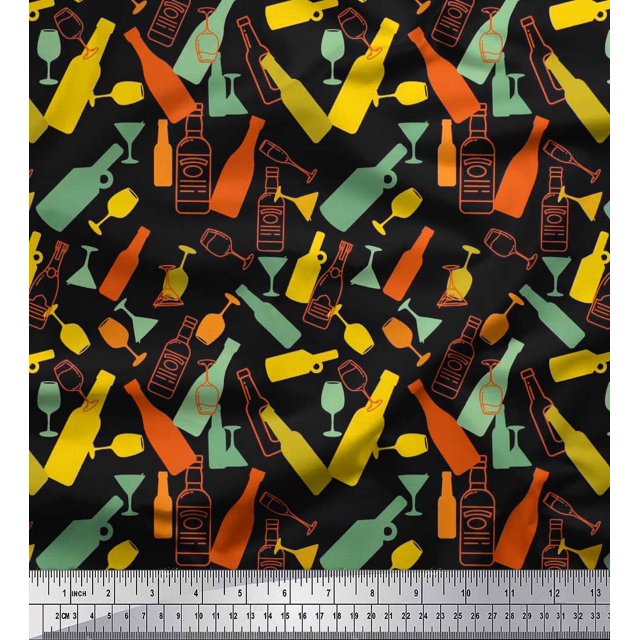 Soimoi Polyester Crepe Fabric Bottle & Wine Glass Bar Print Fabric by The Yard 52 Inch Wide