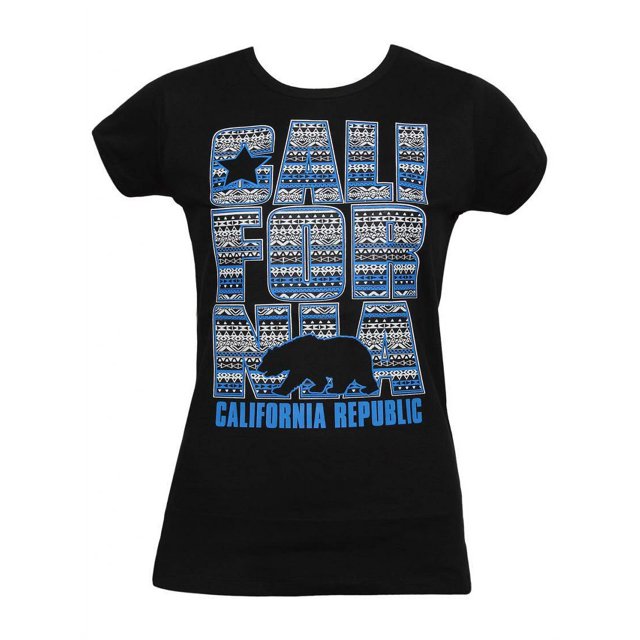 Womens California Republic Blue Tribal Pattern Black T-Shirt - Small