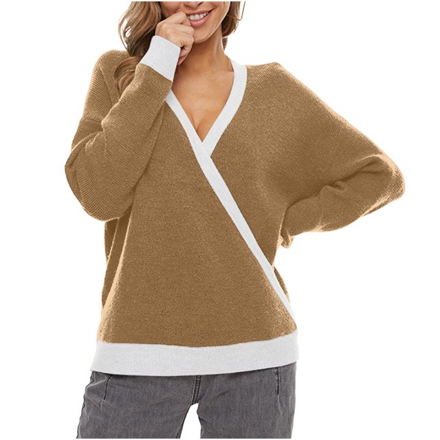 Yuyuzo Sweater Blouses Long Sleeve V Neck Pullover Patchwork Knit Tops Fall Winter Casual Solid Color Sweaters