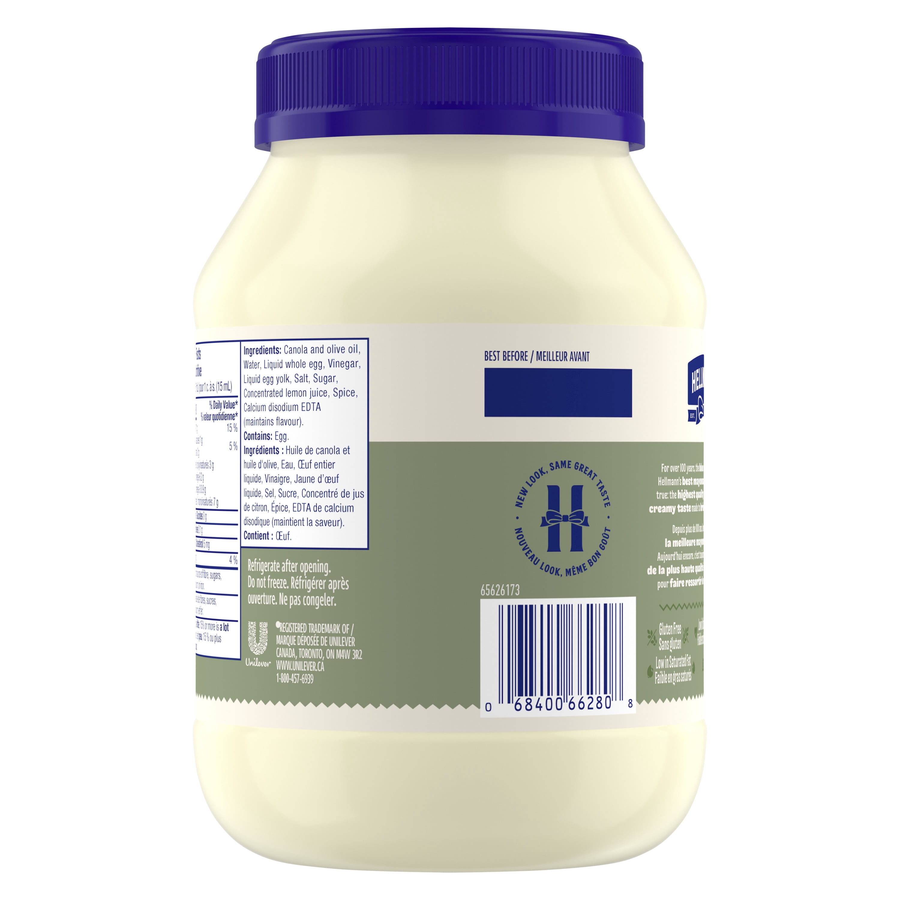 Mayonnaise à l’huile d’olive Hellmann’s avec œufs de poules élevées en liberté au Canada et huile de canola, pot de 890 mL