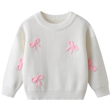 Zanarzt Chandail Tricoté pour Nourrisson Tout-Petit Bébé Fille Garçon, Garçons, Nœud Brodé à la Main, Chandail de Base Tricoté pour Bébé, Chandail d'Anniversaire pour Enfants, Blanc, 1-2 Ans
