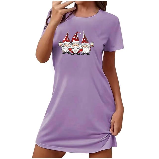Levmjia Nuisettes en Coton pour Femmes à Manches Courtes, Vêtements de Nuit Doux d'Été, Confortables, Coupe Ample, Robe de Nuit Imprimée à Col Rond pour Grande Taille, Pyjamas Décontractés pour la Maison