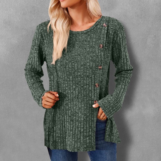 Birdeem Women's Solid Short Color Casual Long Sleeve New Round Neck Solid Color Panel Button Long Sleeve Loose