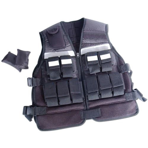 CAP barbell 20 lb adjustable weighted vest in black breathable mesh with multiple front pockets and adjustable side straps, including 20 removable weight packets for customizable resistance, suitable for strength and cardio training.