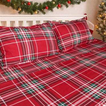 Gogreen Ensemble de Draps de Noël 4 Pcs à Poches Profondes Format Double, Ensemble de Literie Respirant et Ultra Doux, Style Hôtel Décoration de Noël, Cadeaux pour Enfants, Femmes, Hommes - Carreaux Rouges de Noël