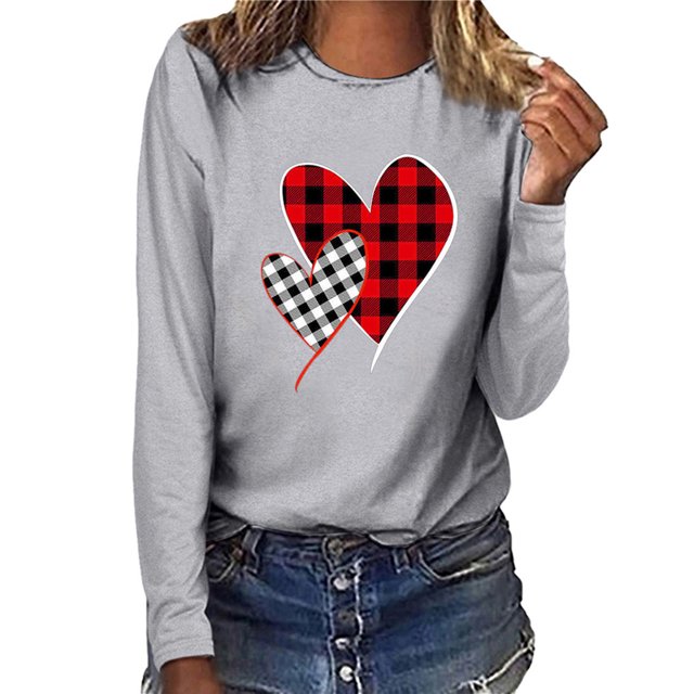 Qertyioot T-Shirt Graphique pour Femmes de la Saint-Valentin à Manches Longues, Chandail Imprimé, Blouse