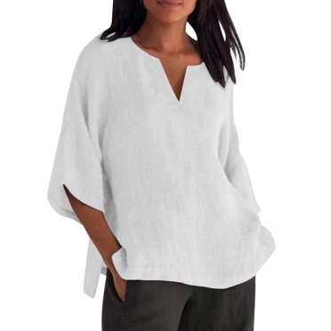 Hiiyo T-Shirt pour Femme en Coton et Lin à Manches 3/4, T-Shirt d'Été Décontracté Ample, Blanc TG
