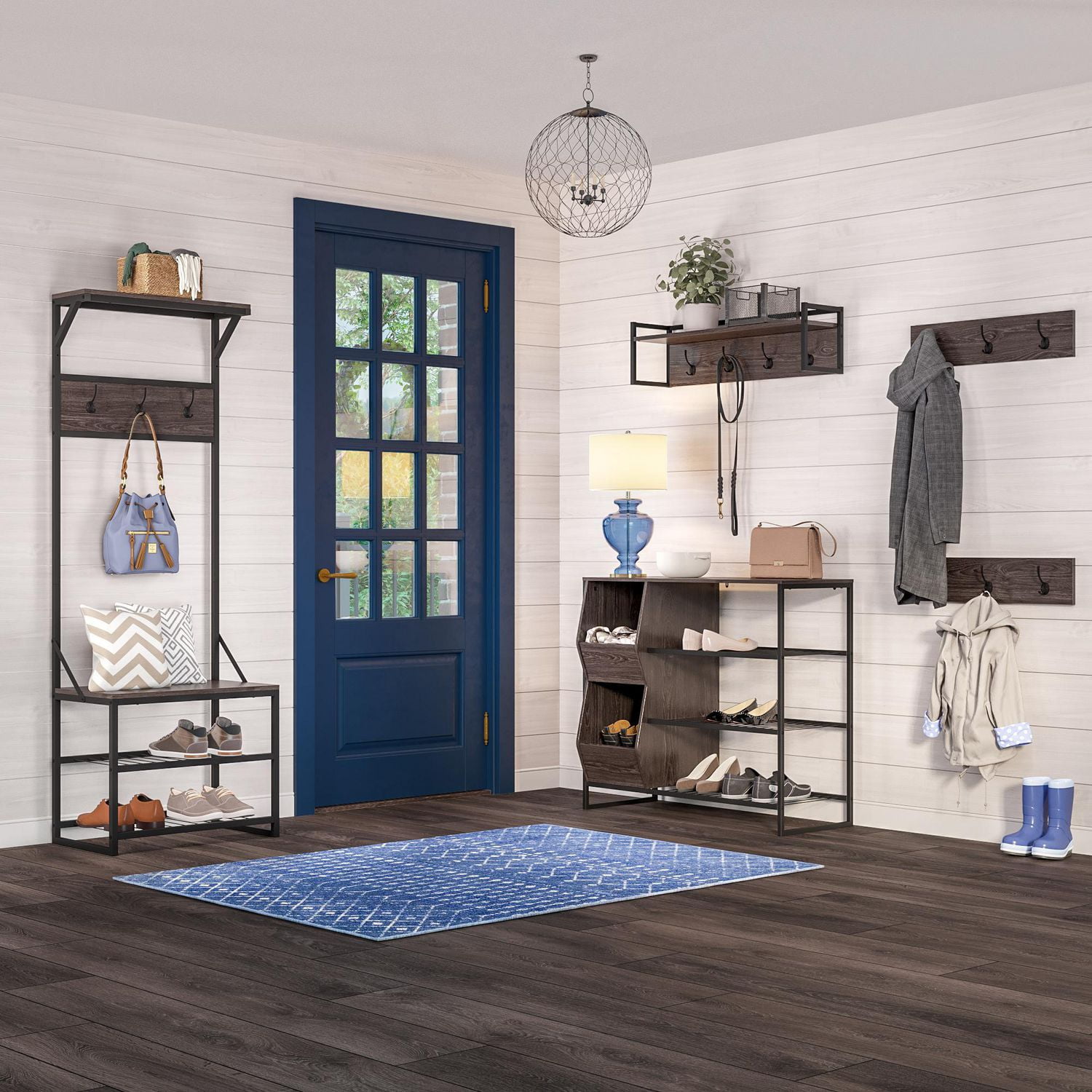 RiverRidge® Home Afton Collection 8.88-inch H x 31.63-inch W x 7.88-inch D Metal Frame Wall Shelf with 4-Hooks in Weathered Wood