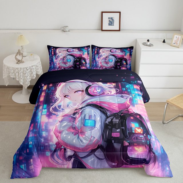 Erosebridal Anime Girls Bedding Full Comforter Set, Gradient Neon Watercolor Down Comforter, Japanese Style Decor, Reversible
