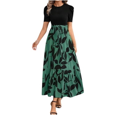 FAVIPT Robes Maxi de Vacances pour Femmes à Manches Courtes à Col Rond Robe Fluide à Imprimé Floral Robes Élégantes Décontractées Mode Été 2025 Robe Vert,G