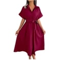 thumbnail image 2 of Mefallenssiah Robe Chemise Décontractée pour Femme à Col en V, Couleur Unie, Ample, à Nouer, 2 of 7