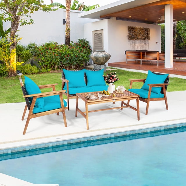 Patiojoy 4PCS Patio Rattan Furniture Set Wood Frame Cushioned Sofa with Coffee Table Sectional Conversation Sofa Set for Garden Turquoise