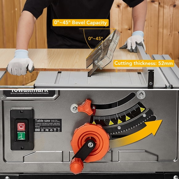 Bingirl Table Saw Wood Cutting Machine 10 Inch 15A Saw with Stand & Push Stick 90°Cross Cut & 0-45°Bevel Cut 5000RPM,Adjustable Blade Height