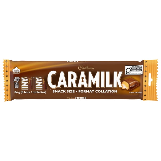 CARAMILK, Format Collation, Barres de Bonbons Chocolatés Huit mini Barres CARAMILK Emballées Individuellement en Format Collation; Barres de Chocolat Remplies de Caramel avec Marque de CARAMILK visible, Préparées au Canada et Souvent Utilisées pour Partager, Cadeaux de Fête Ou Collations de Voyage.