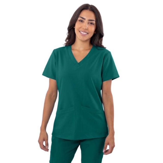Greentown Canada 4Flex 1201) Sarraus Haut de Sarrau ( Vert Foncé à Coupe Contemporaine, Encolure en V, Manches Courtes et Deux Poches Appliquées, Fait de 93 % polyester et 7 % Élasthanne avec Extensibilité 4 Directions et Tissu Qui Évacue l'Humidité pour le Confort et la Facilité de Mouvement dans les Uniformes Professionnels.