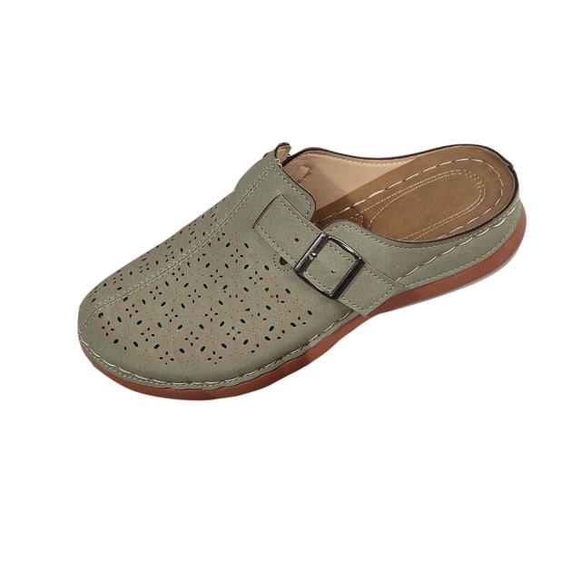 Sabots pour Femmes Mules à Enfiler Bout Fermé Sabot Boucle Décor Ajouré Respirant Confortable Mule à Talon Compensé Vert