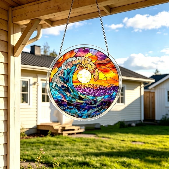 Outdor Sunset Stained Glass Style Acrylic Puzzle Irregular Themed Window Hanging Ornament Colorful Coastal Art For Beach And