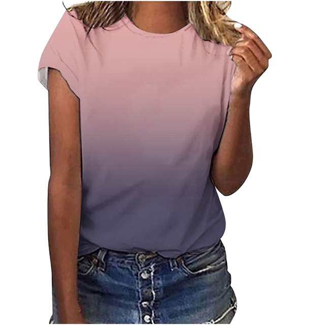 Yuyuzo Short Sleeve T Shirts for Women Round Neck Shirts Gradient Color Summer Tops Plus Size