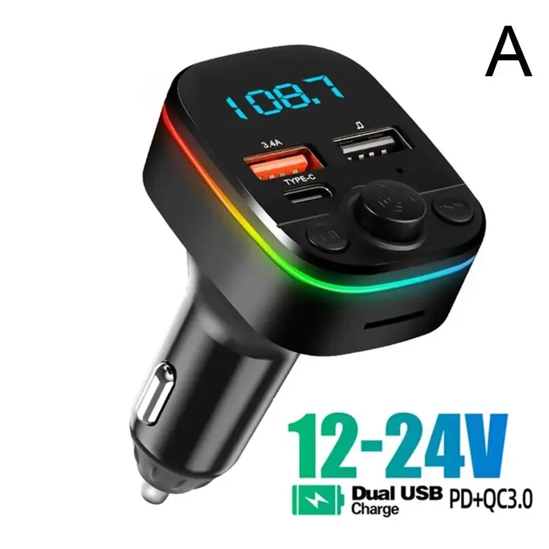 Car Bluetooth 5.0 FM Transmitter Handsfree Car Kit With PD 20W Type-C Dual USB 3.4A Fast Charger Ambient Light Cigarette lighter