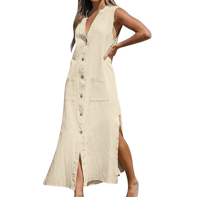 Kmbangi Robes d'Été Sans Manches pour Femmes Robe Longue Fendue avec Poches pour Plage Club Mode Urbaine