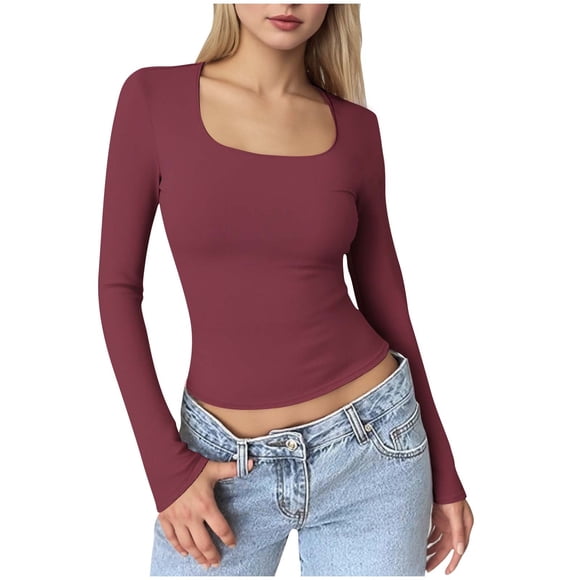 BLVB Womens Square Neck Basic Long Sleeve T Shirt Slim Fit Base Layer Tees Fall Going out Crop Tops Cute Tight Shirts
