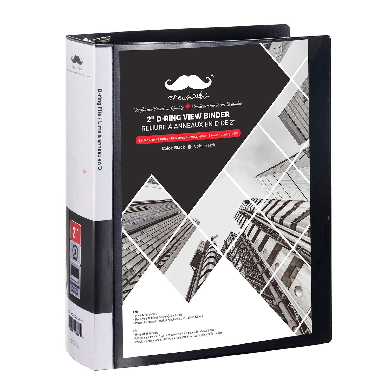 2" D-Ring View Binder, Letter Size, 3 Holes, Black, PP Plastic for Manuals，Product Handbooks and Training Folders - Moustache®