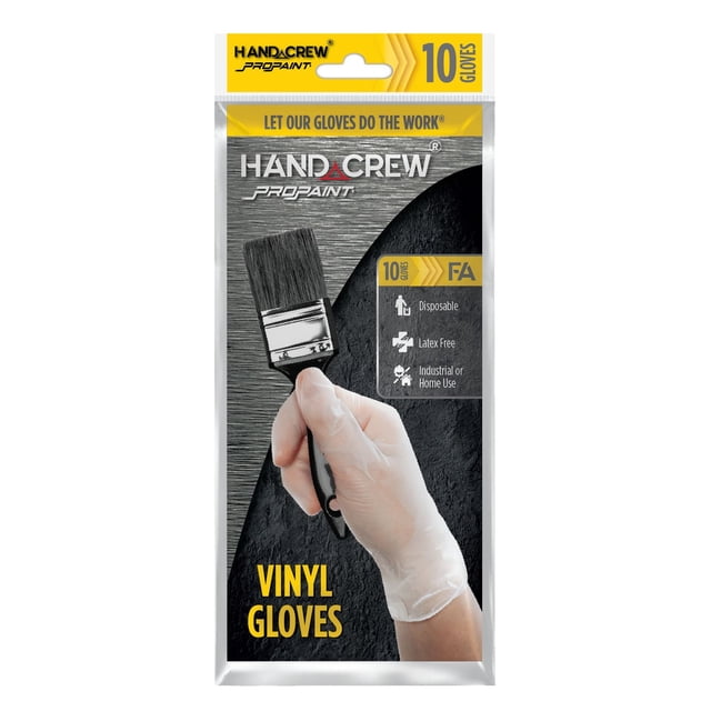 PaintCrew 10Ct Vinyl Gloves-L package showing a hand wearing a white disposable vinyl glove holding a paintbrush, designed for industrial or home use, latex free and disposable, suitable for cleaning and kitchen tasks.
